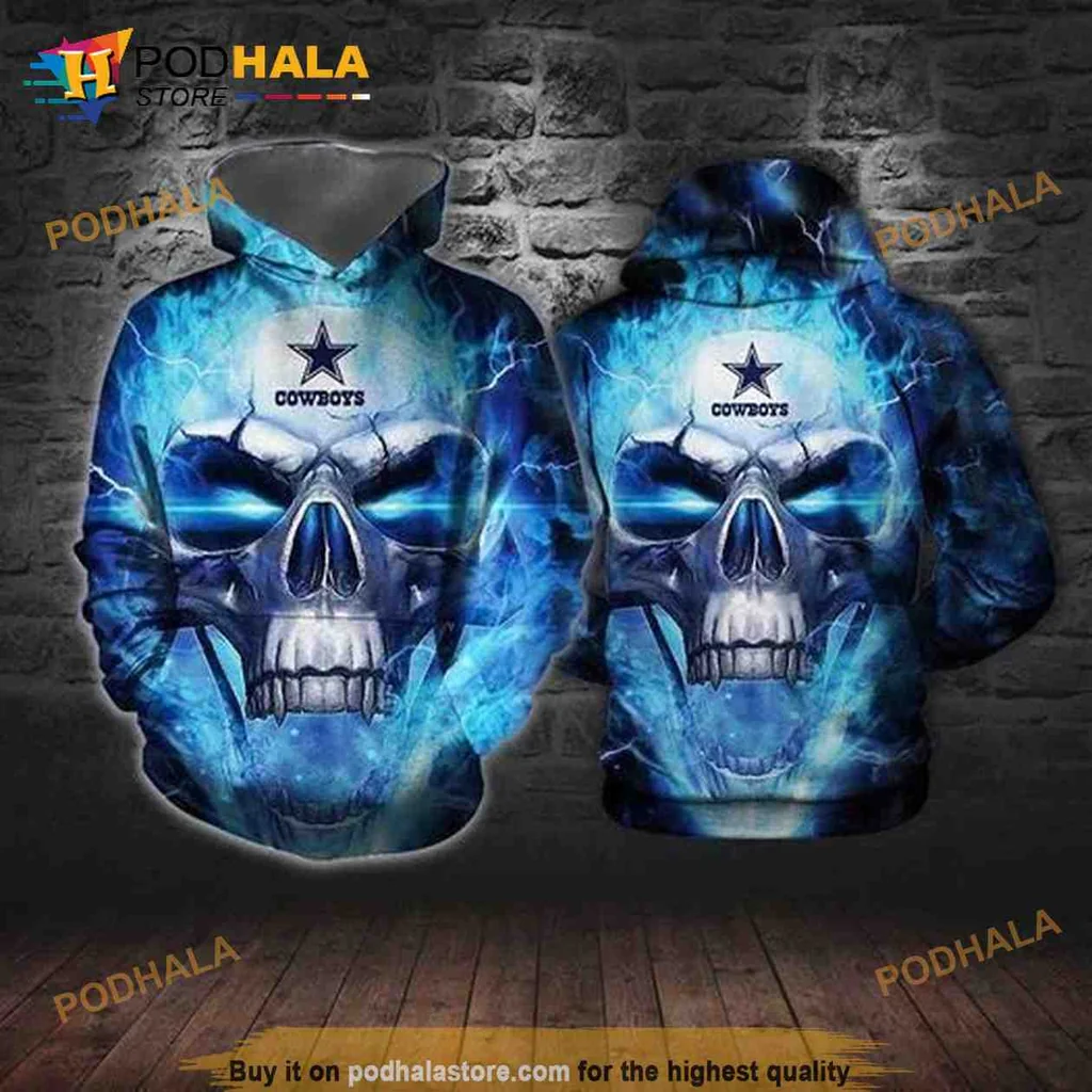Edgy Dallas Cowboys Skull 3d Hoodie With Glowing Blue Eyes And Lightning