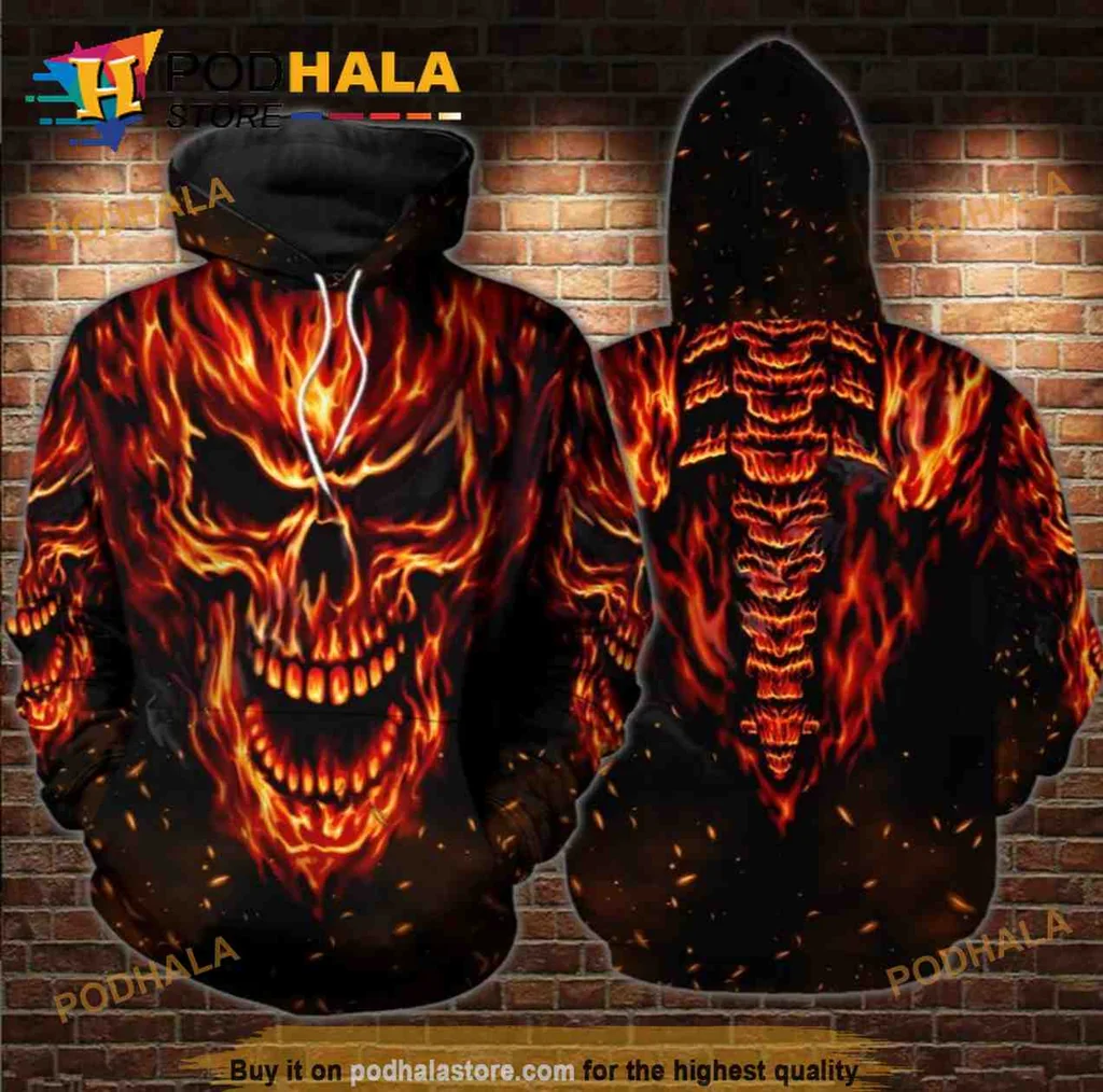 Edgy Fiery Skull 3d Hoodie Sweatshirt With Intense Flame Design