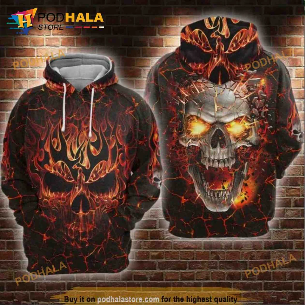Edgy Fiery Skull 3d Hoodie With Molten Rock Texture And Flames