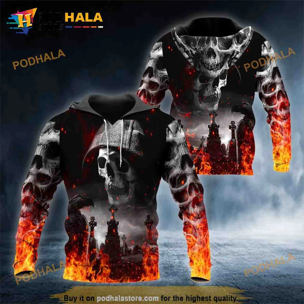 Edgy Fiery Skull 3d Hoodie With Ominous Flames And Gothic Design