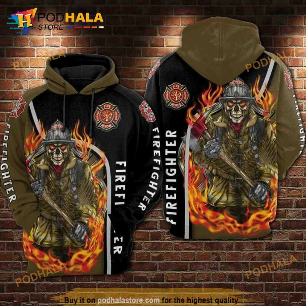 Edgy Firefighter Skeleton 3d Hoodie With Flames For Brave Firefighter Dad