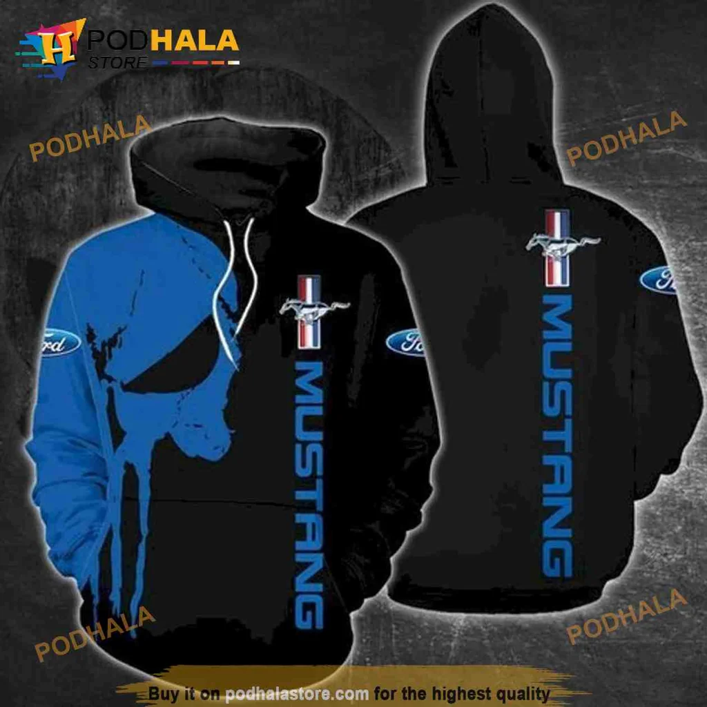 Edgy Ford Mustang Punisher 3d Hoodie Featuring Bold Skull Design