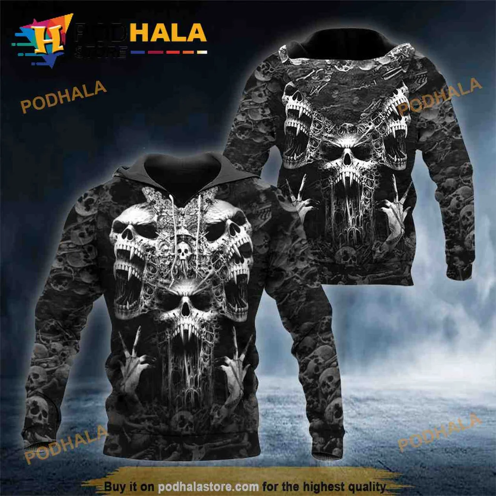 Edgy Ghost Skull 3d Hoodie With Haunting All Over Print Design