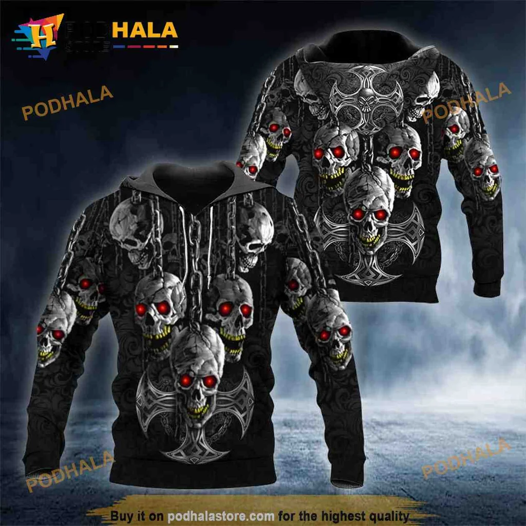 Edgy Ghost Skull 3d Hoodie With Red Eyes And Ornate Gothic Patterns
