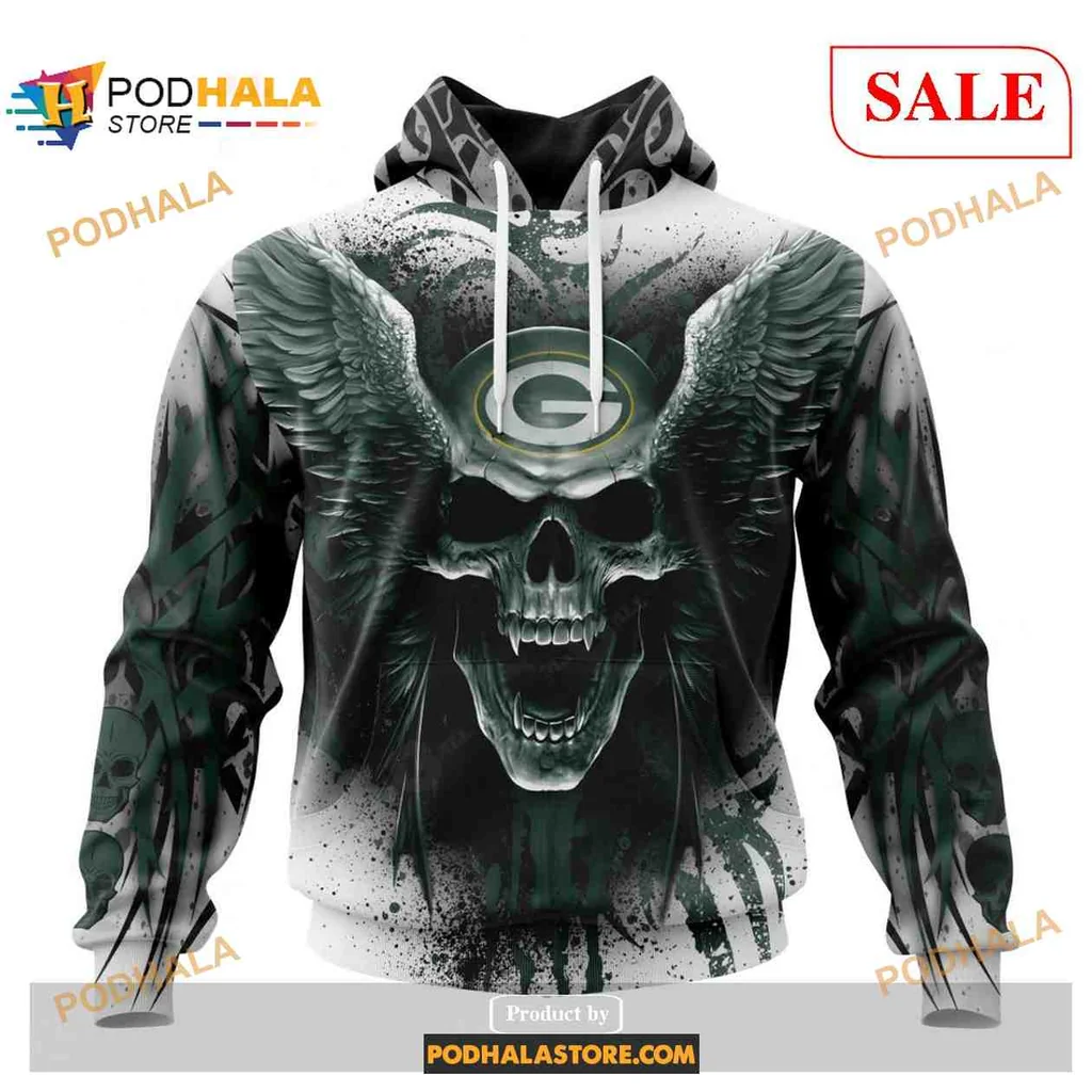 Edgy Green Bay Packers Skull 3d Hoodie With Wings Design