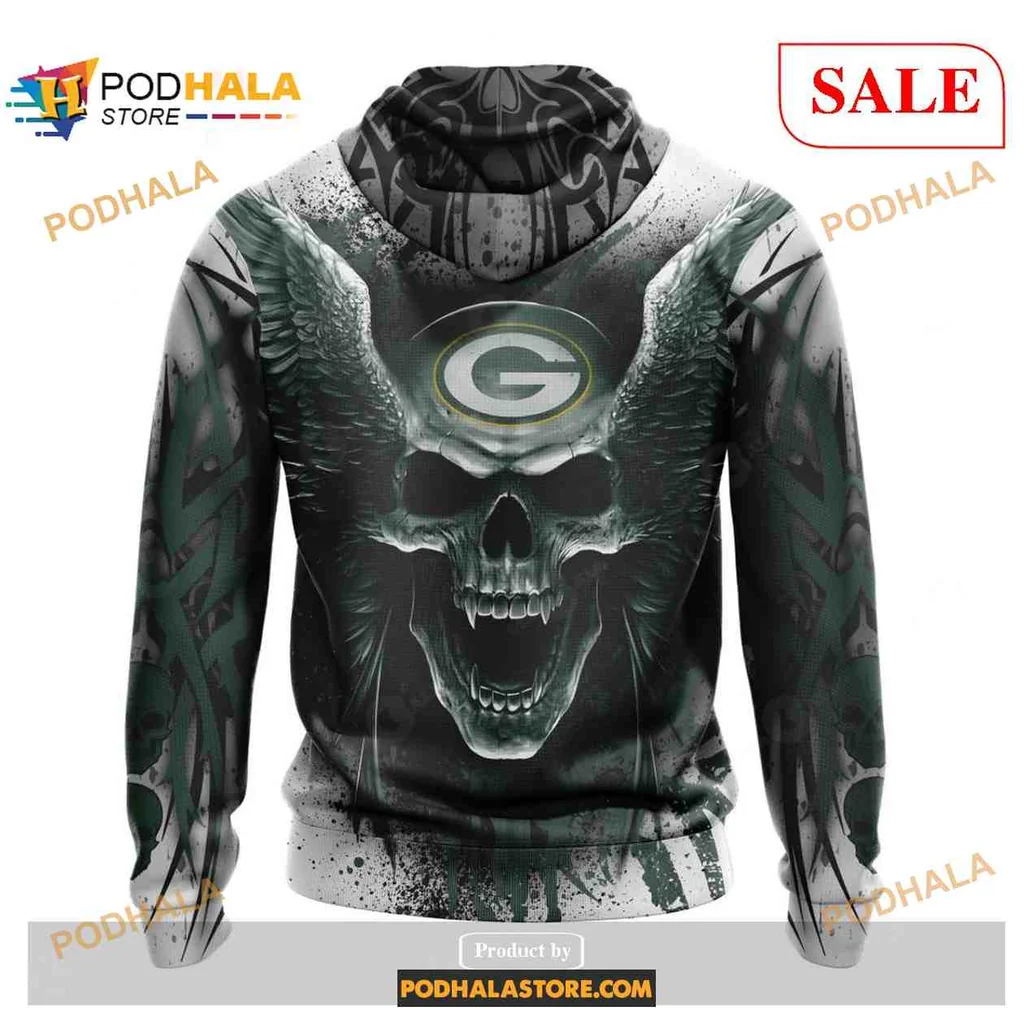 Edgy Green Bay Packers Skull All Over Print Hoodie With Wings Design Edgy Green Bay Packers Skull All Over Print Hoodie With Wings Design