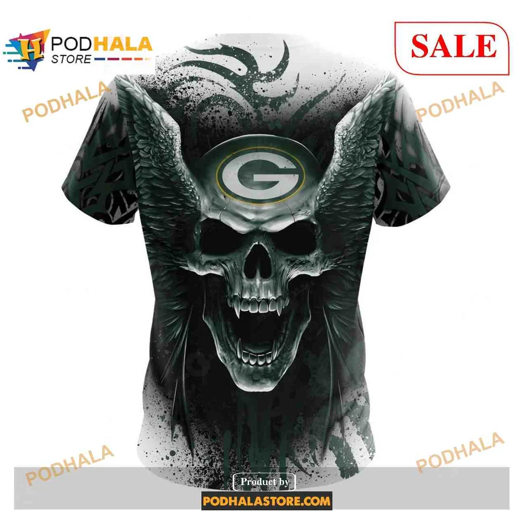 Edgy Green Bay Packers Skull 3D Print Hoodie With Wings Design Edgy Green Bay Packers Skull 3D Print Hoodie With Wings Design