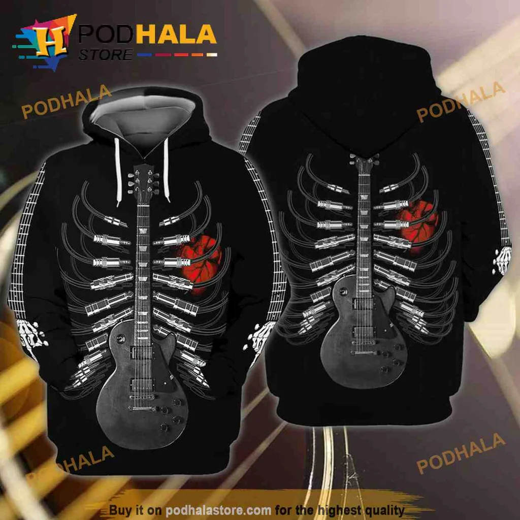 Edgy Guitar Heart Skeleton 3d Hoodie For Halloween Music Lovers