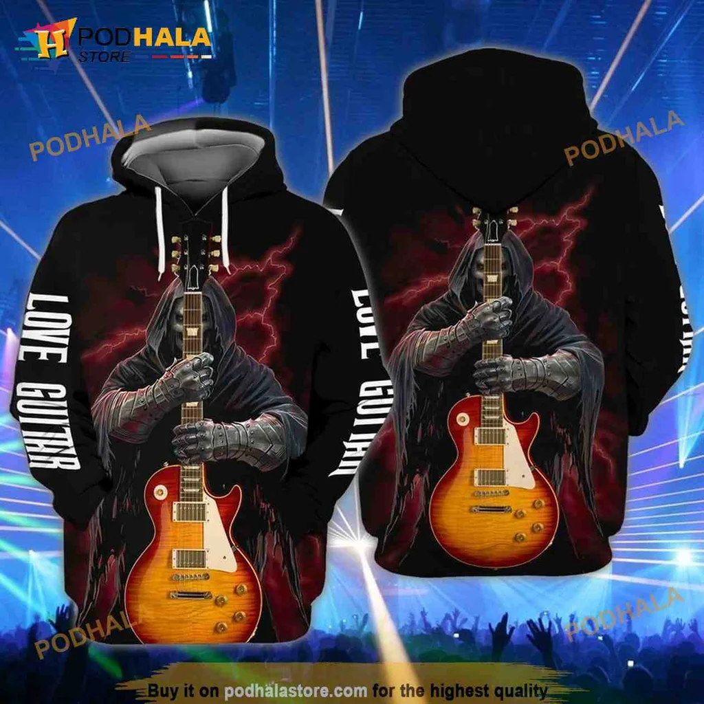 Edgy Guitar Skull 3d Hoodie With Dramatic Lightning Design