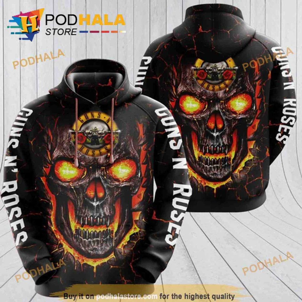 Edgy Guns N Roses Skull 3d Hoodie With Glowing Red Eyes