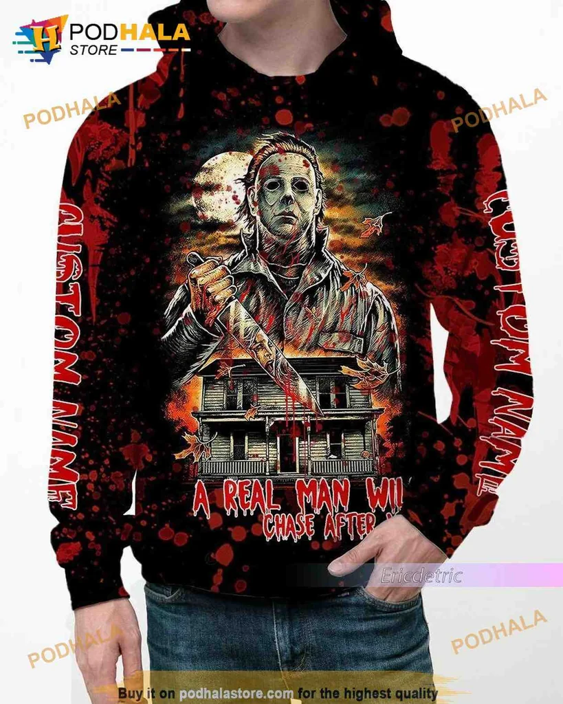 Edgy Horror Character AOP Hoodie, A Real Man Will Chase After You Design Edgy Horror Character AOP Hoodie, A Real Man Will Chase After You Design
