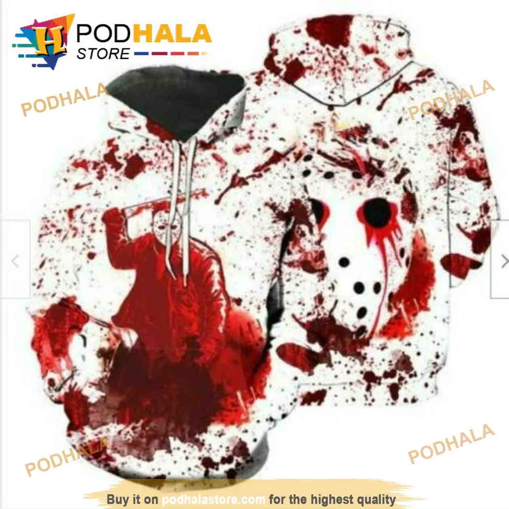 Edgy Horror Jason Voorhees 3d Hoodie With Blood Splatter Design