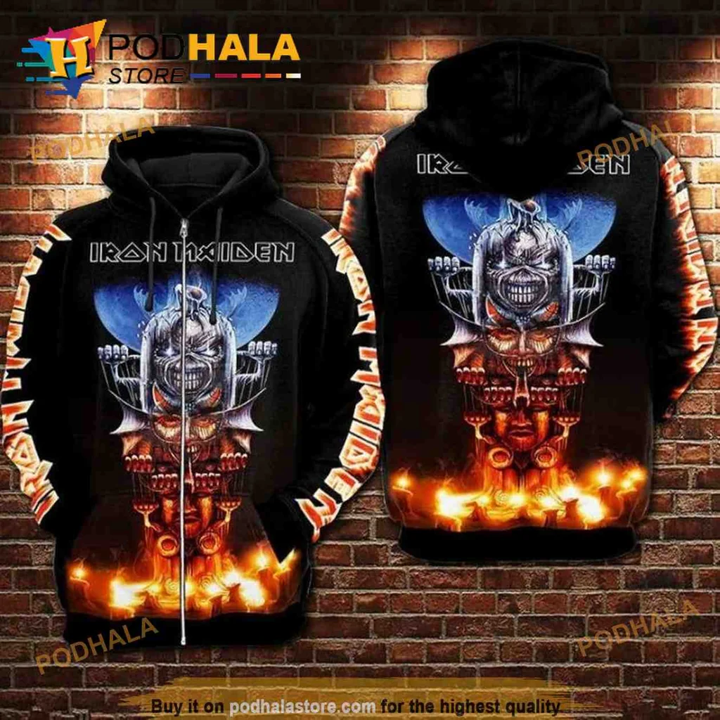 Edgy Iron Maiden Skull 3d Hoodie With Flames And Metallic Helmet Design