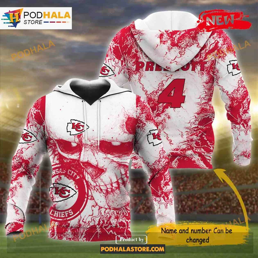 Edgy Kansas City Chiefs Skull 3d Hoodie With Custom Name And Number