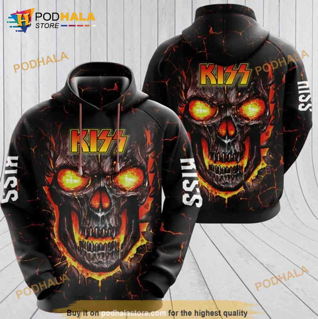Edgy Kiss Skull 3d Hoodie With Glowing Orange Eyes And Fiery Background