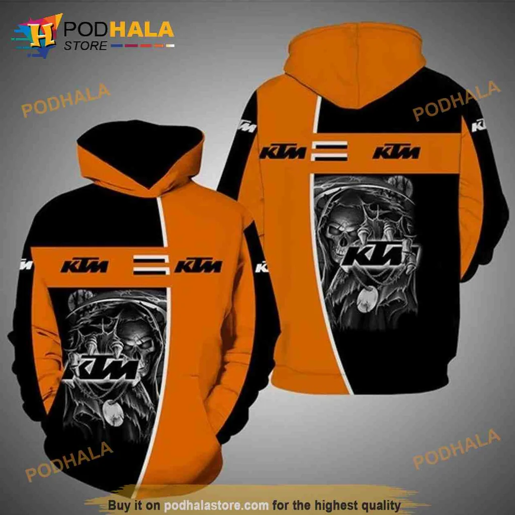 Edgy Ktm Racing Skull 3d Hoodie With Flames And Checkered Pattern