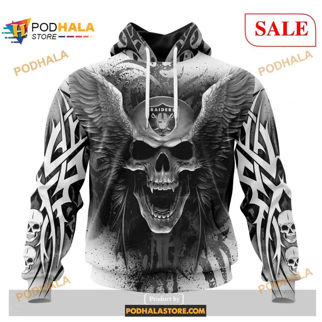 Edgy Las Vegas Raiders Skull 3d Hoodie With Winged Tribal Design