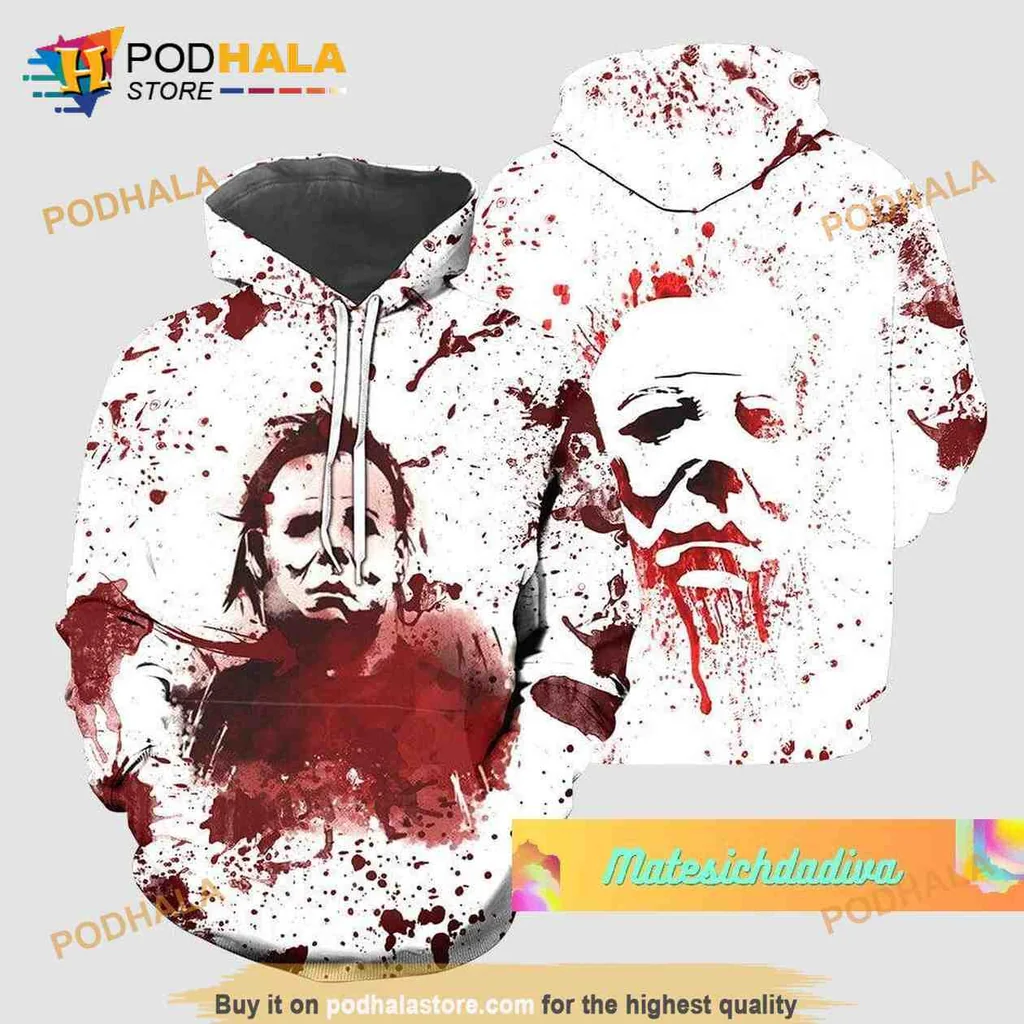 Edgy Michael Myers Face 3d Hoodie Featuring Blood Splatter Design