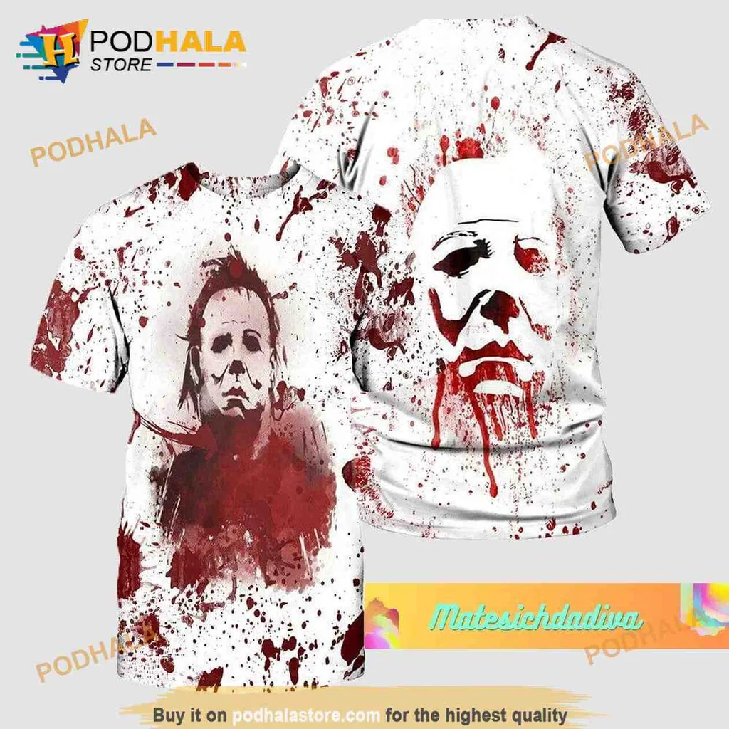 Edgy Michael Myers Face All Over Print Hoodie Featuring Blood Splatter Design Edgy Michael Myers Face All Over Print Hoodie Featuring Blood Splatter Design