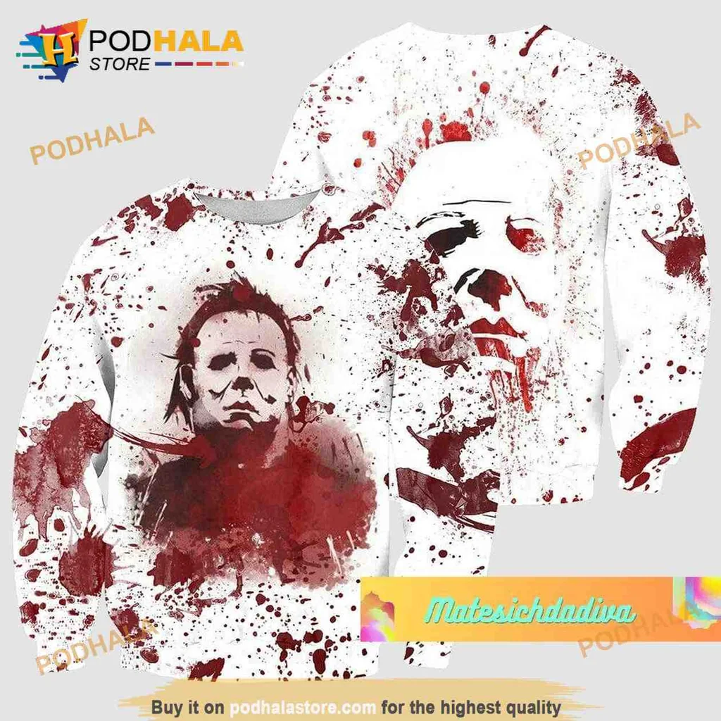 Edgy Michael Myers Face AOP Hoodie Featuring Blood Splatter Design Edgy Michael Myers Face AOP Hoodie Featuring Blood Splatter Design