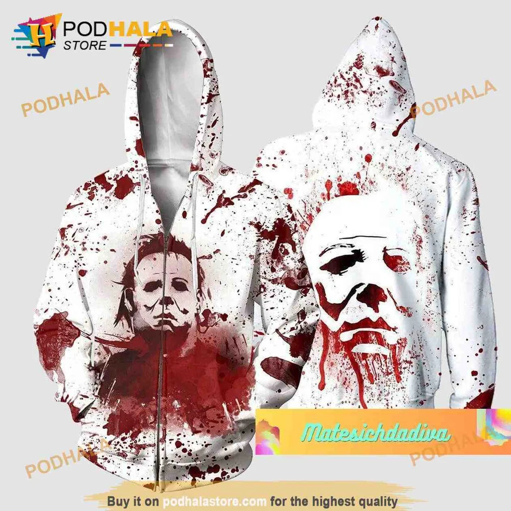 Edgy Michael Myers Face 3D Print Hoodie Featuring Blood Splatter Design Edgy Michael Myers Face 3D Print Hoodie Featuring Blood Splatter Design