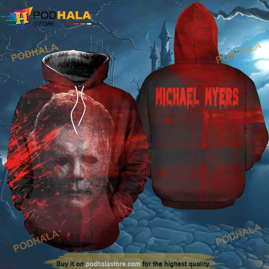 Edgy Michael Myers Face 3d Hoodie, Ominous Design With Blood Red Background