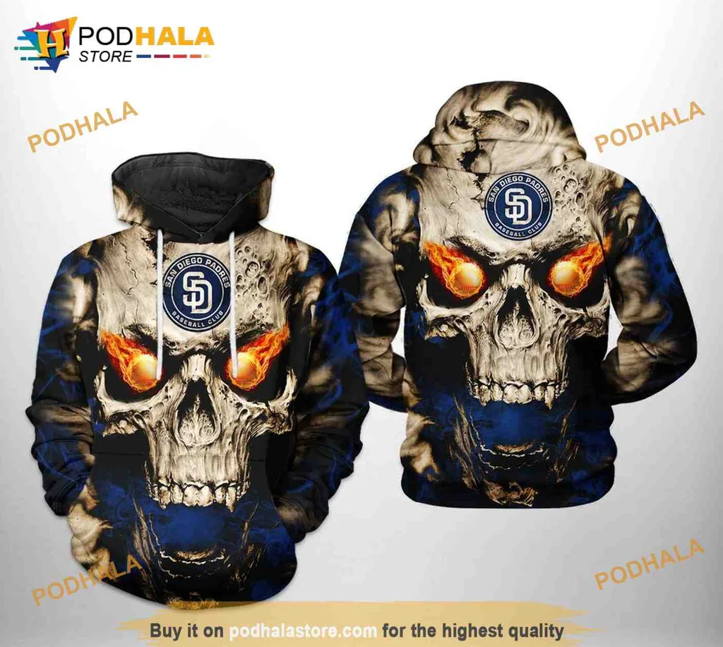 Edgy San Diego Padres Skull 3d Hoodie With Glowing Orange Eyes