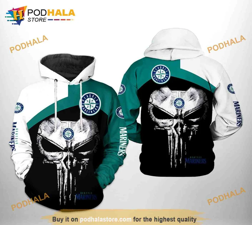 Edgy Seattle Mariners Skull 3d Hoodie With Bold Punisher Design