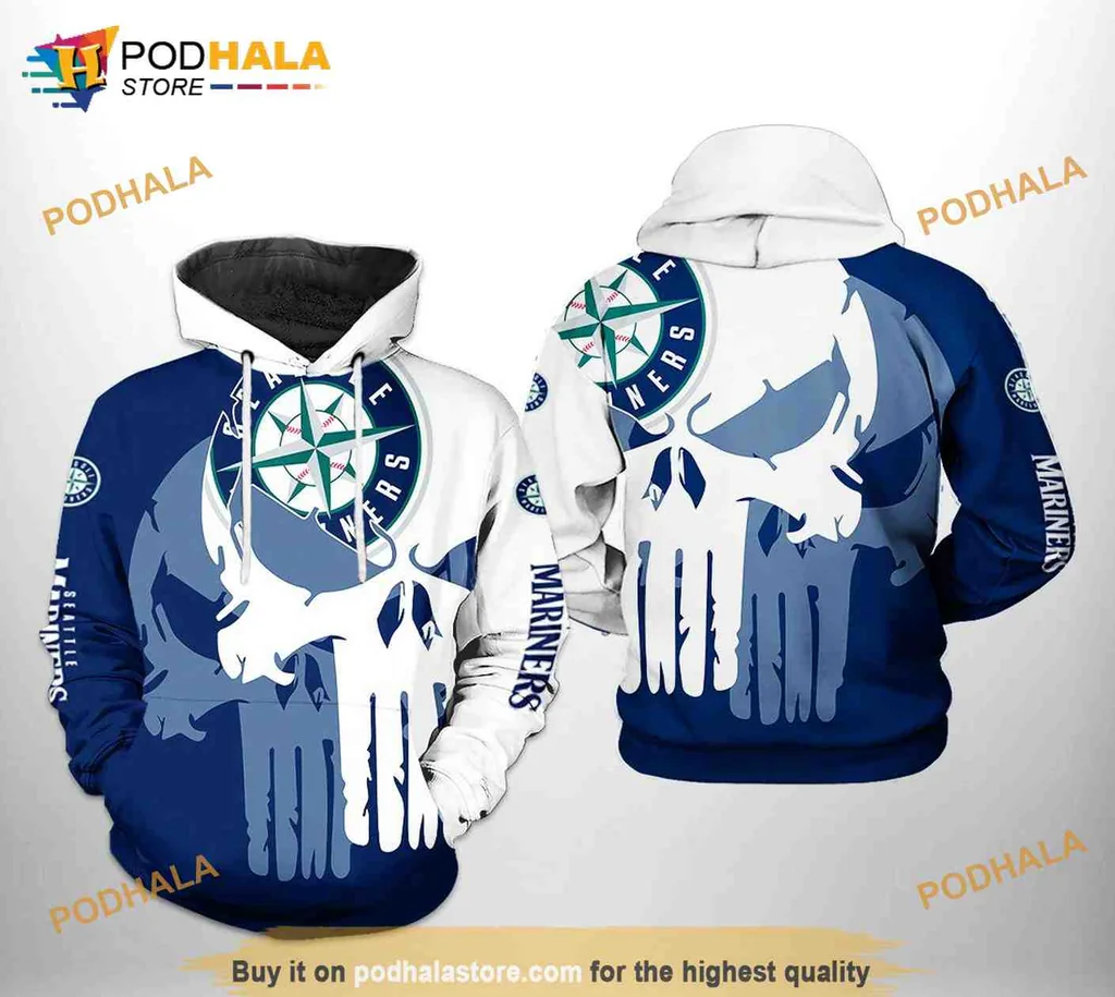 Edgy Seattle Mariners Skull 3d Hoodie With Bold Team Logo Design