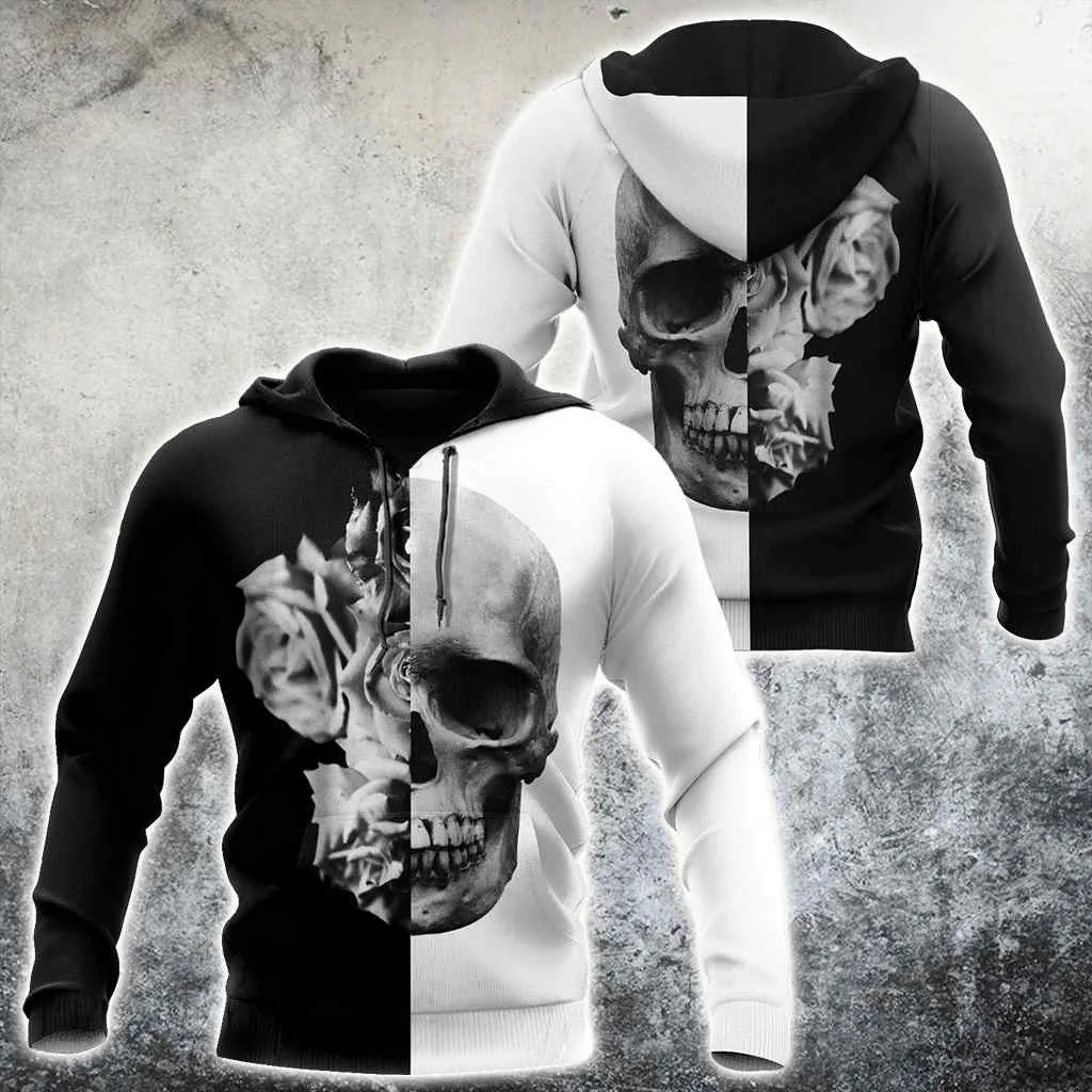 Edgy Skull And Roses 3d Hoodie Featuring Bold Black And White Design