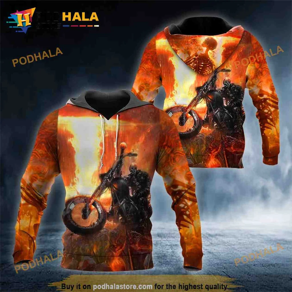 Edgy Skull Biker 3d Hoodie With Fiery Motorcycle Design