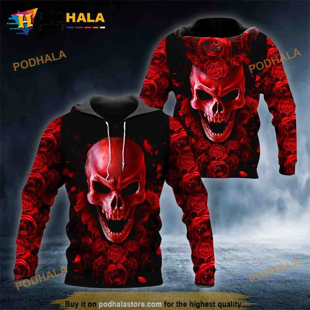Edgy Skull Rose 3d Hoodie, Gothic Halloween Fashion Statement