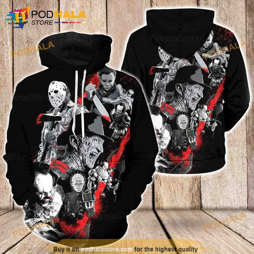 Edgy Slasher Villain 3d Hoodie Featuring Iconic Horror Characters