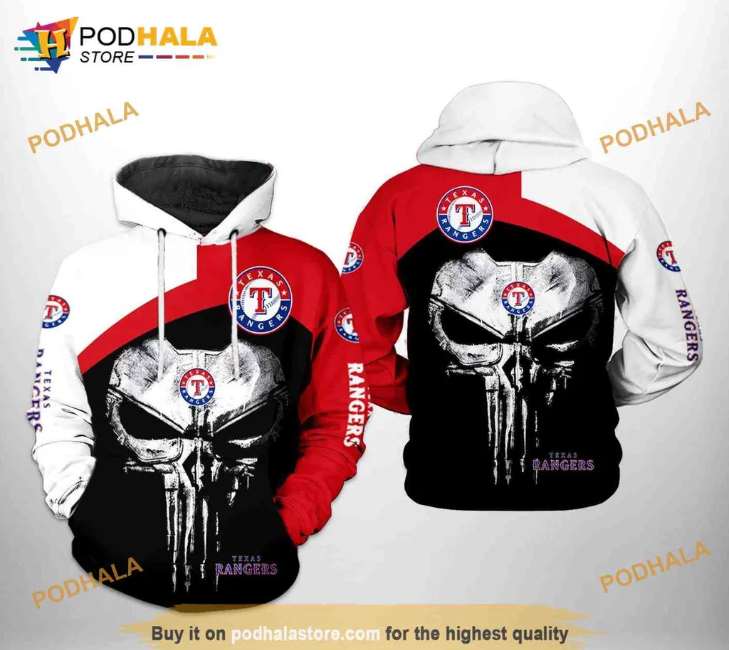 Edgy Texas Rangers Skull 3d Hoodie With Fierce Punisher Design