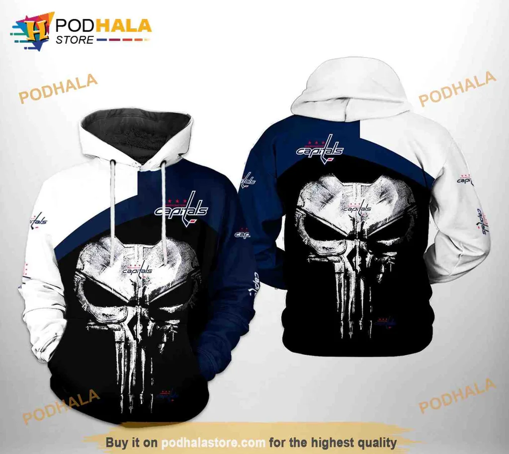 Edgy Washington Capitals Skull 3d Hoodie With Bold Punisher Design