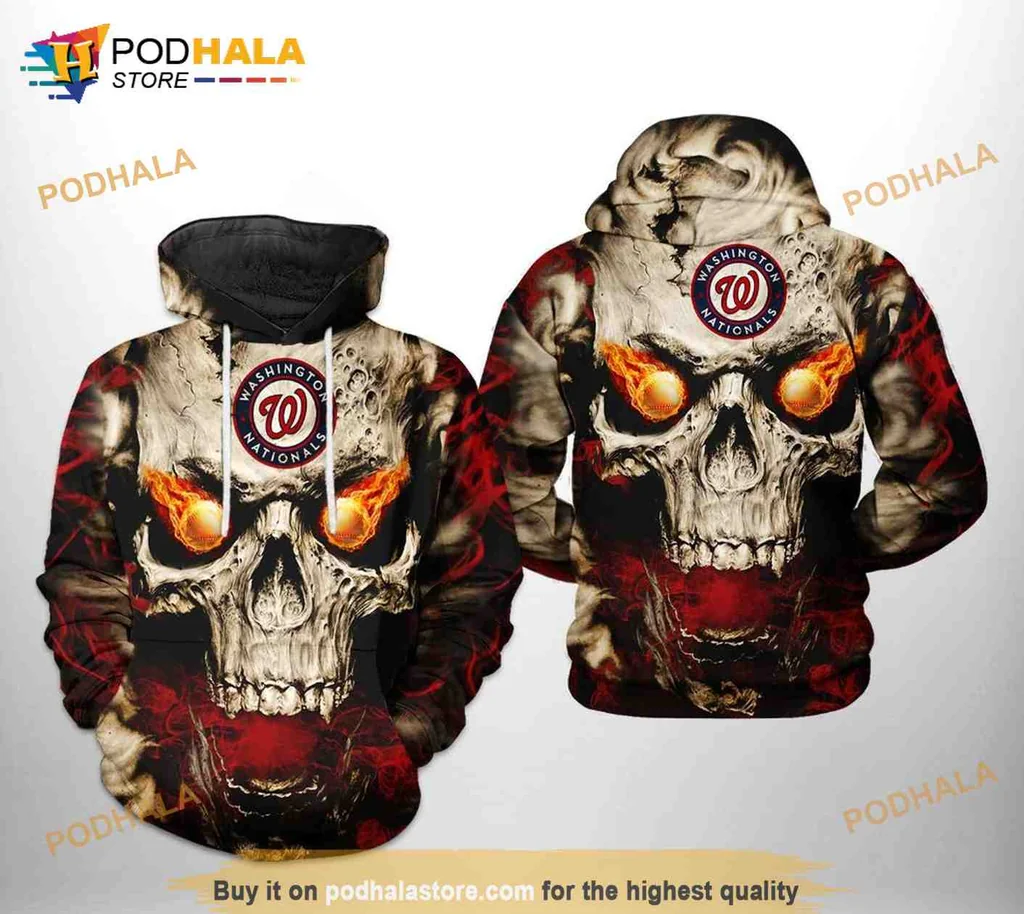 Edgy Washington Nationals Skull 3d Hoodie With Glowing Eyes And Dark Patterns