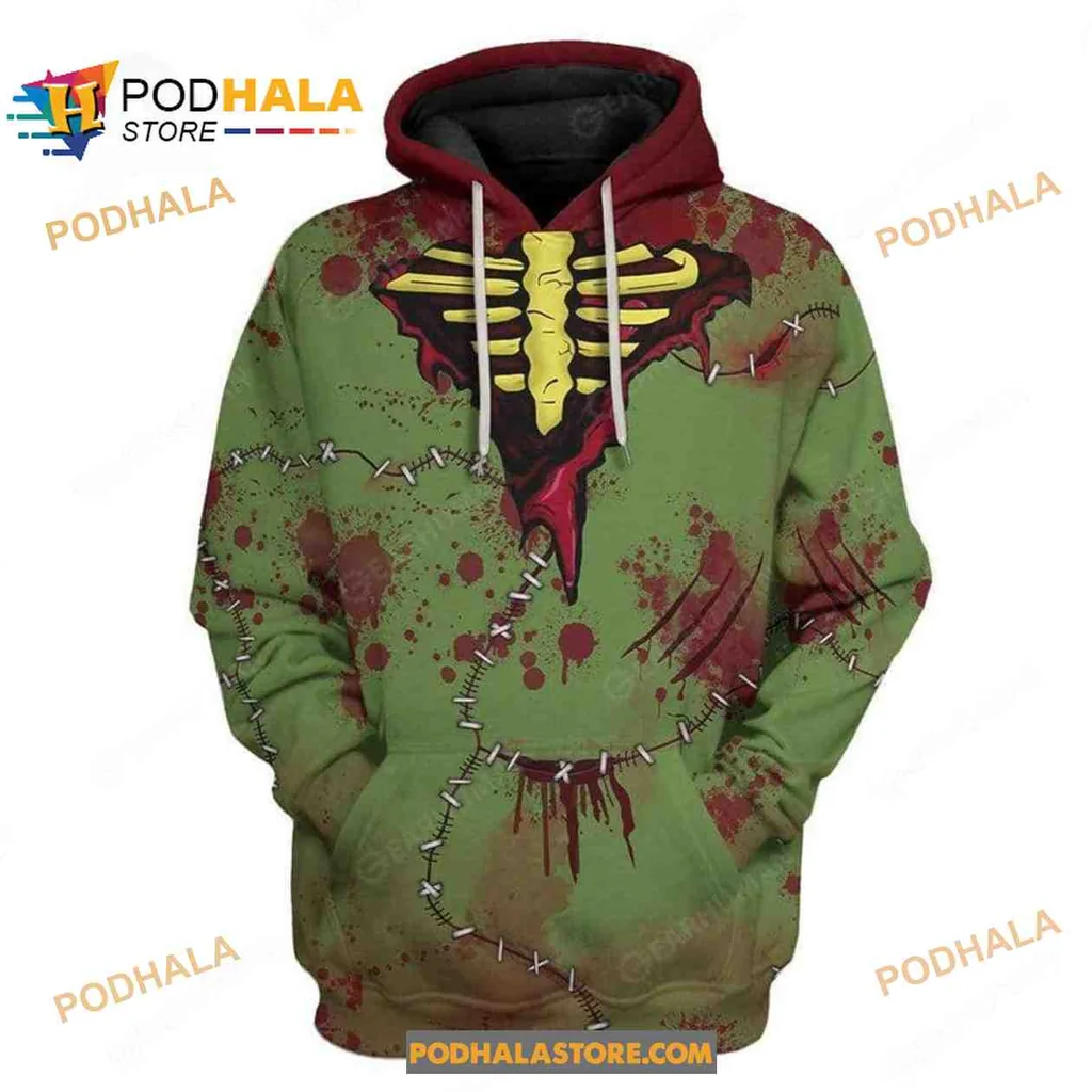 Eerie Zombie Ribcage Green Hoodie With Creepy 3d Design For Halloween
