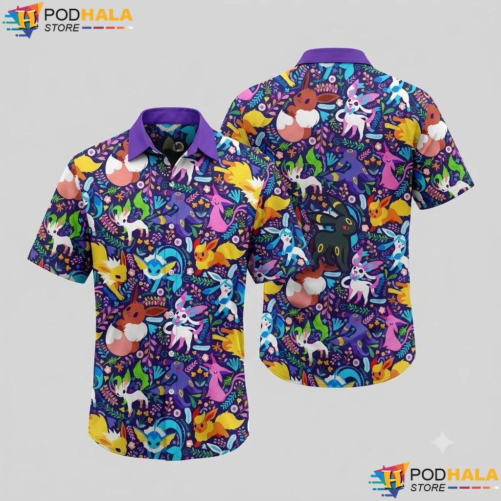 Eevee Evolutions Dark Hawaiian Shirt Kawaii Fantasy Pattern Apparel