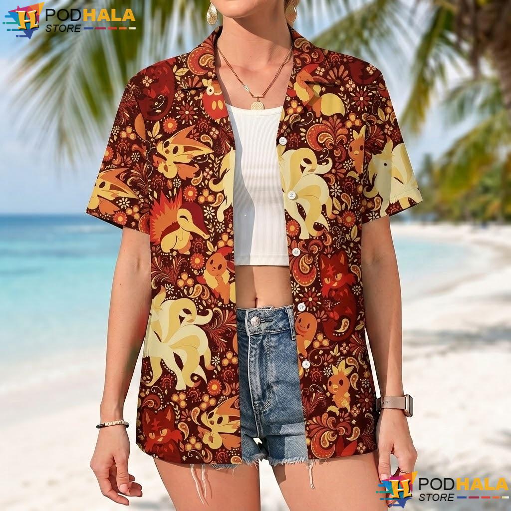 Eevee Ninetales Button Up Tee Cute Summer Beach Vacation Outfit Top Eevee Ninetales Button Up Tee Cute Summer Beach Vacation Outfit Top