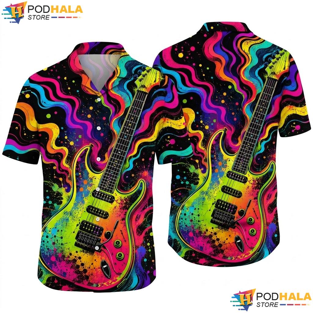 Electric Guitar Hawaiian Shirt Playful Music Enthusiast Casual Top