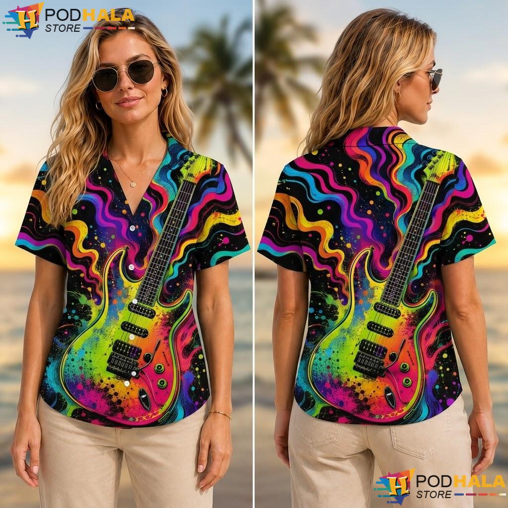 Electric Guitar Aloha Shirt Playful Music Enthusiast Casual Top Electric Guitar Aloha Shirt Playful Music Enthusiast Casual Top