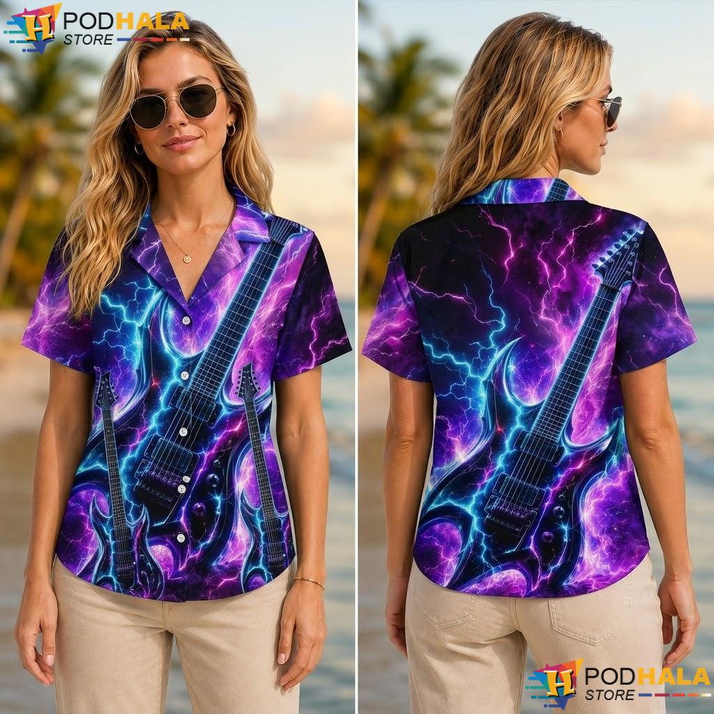 Electric Guitar Aloha Shirt Vibrant Music Lover Summer Casual Top Electric Guitar Aloha Shirt Vibrant Music Lover Summer Casual Top