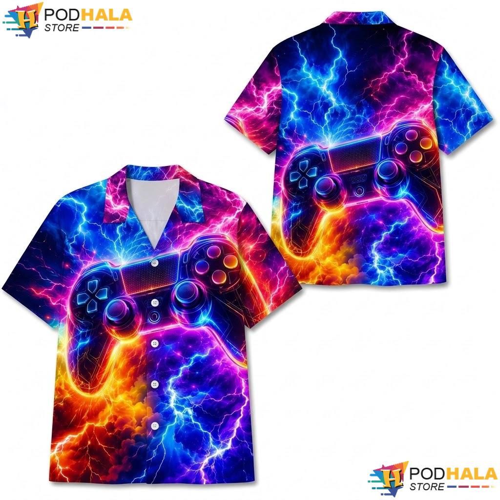 Electric Lightning Gaming Aloha Shirt Neon Controller Graphic Apparel