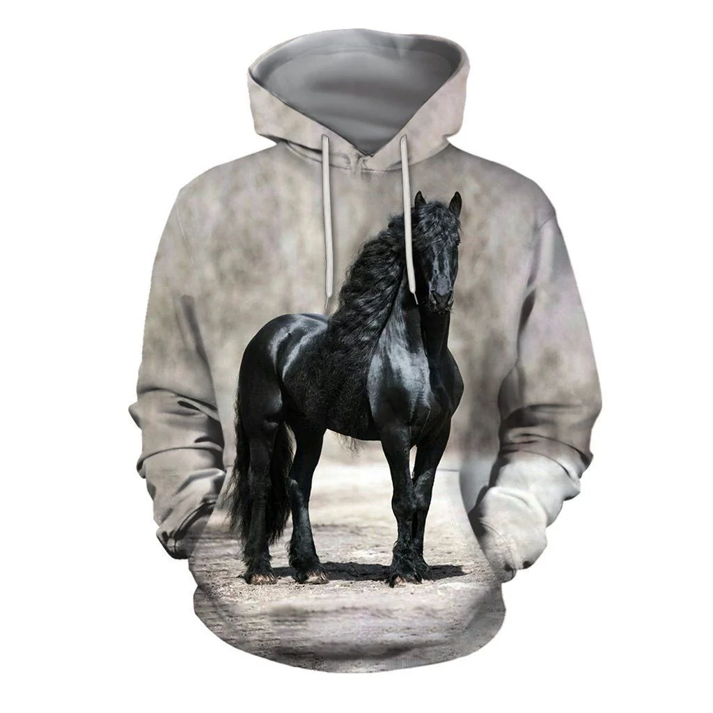 Elegant Black Horse 3d Hoodie Sweatshirt With Realistic Design