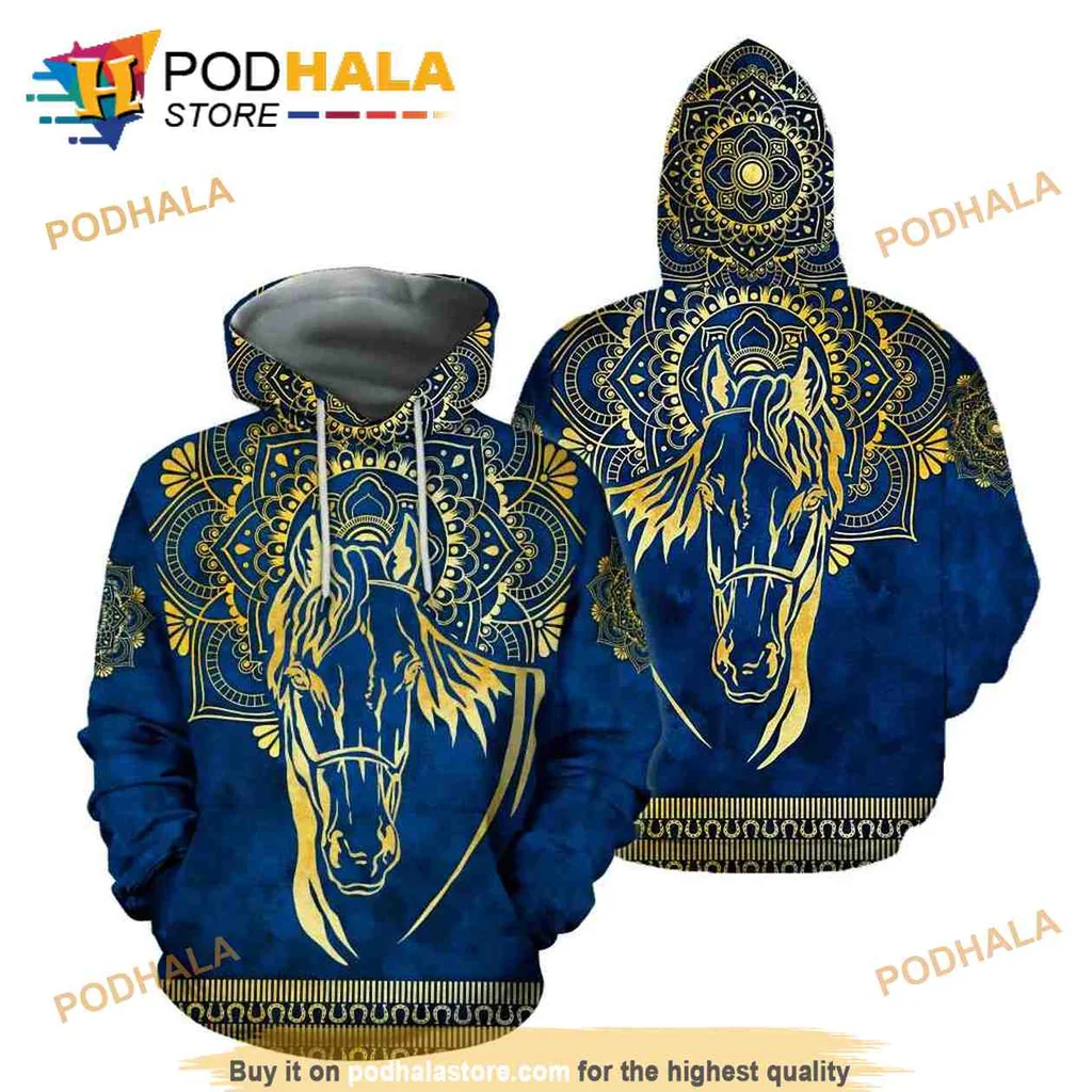 Elegant Gold Horse Head 3d Hoodie With Intricate Blue Mandala Design
