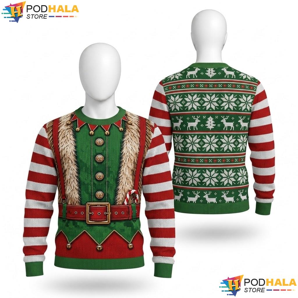 Elf Costume Green Ugly Xmas Sweater Festive Holiday Mens Graphic Knit