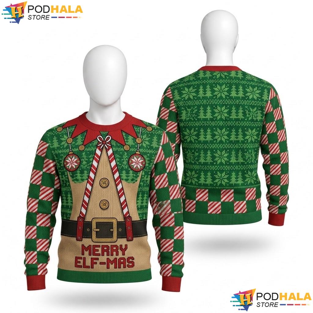 Elf Merry Mas Ugly Christmas Sweater Playful Funny Holiday Cheer Knit