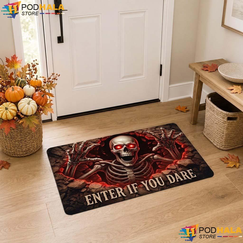 Enter If You Dare Doormat Spooky Skeleton Halloween Front Door Welcome Rug