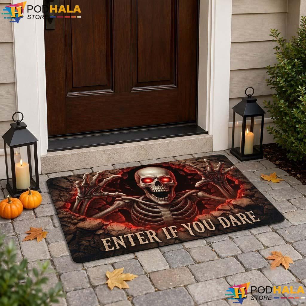 Enter If You Dare Doormat Spooky Skeleton Halloween Front Door Welcome Rug - View 1 Enter If You Dare Doormat Spooky Skeleton Halloween Front Door Welcome Rug - View 1