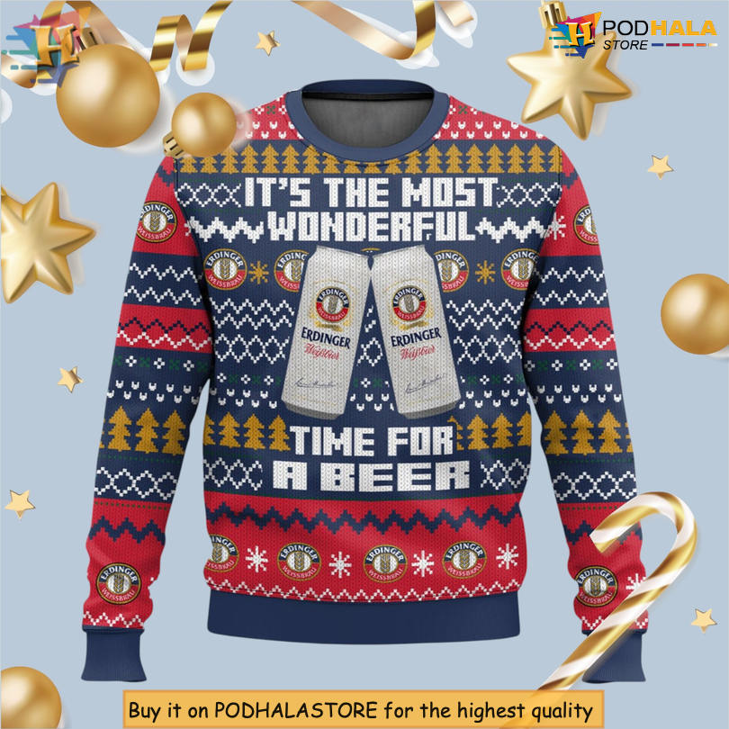 Erdinger Beer Graphic Funny Drinking Scene Holiday Party Christmas Sweater